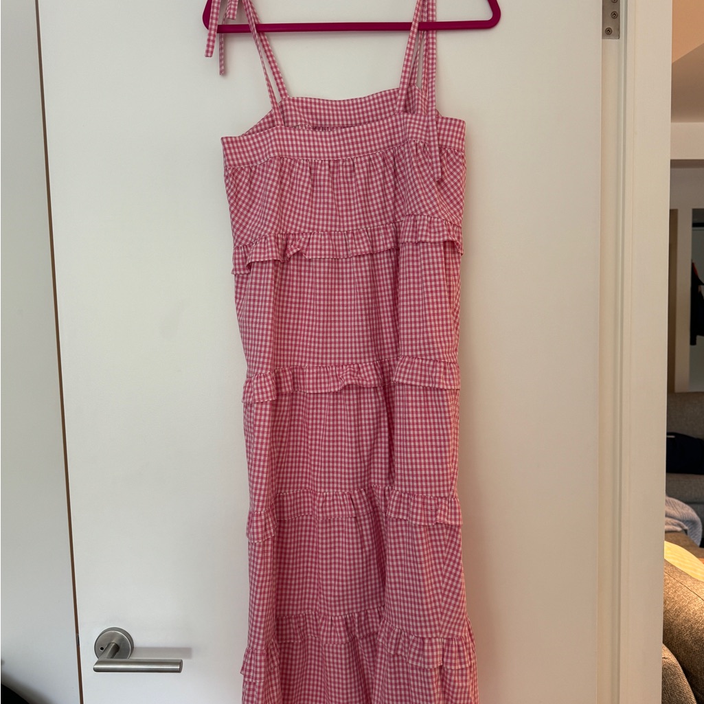 Flora Bea Nyc Pink And White Gingham Tiered Midi Dress Size Xs